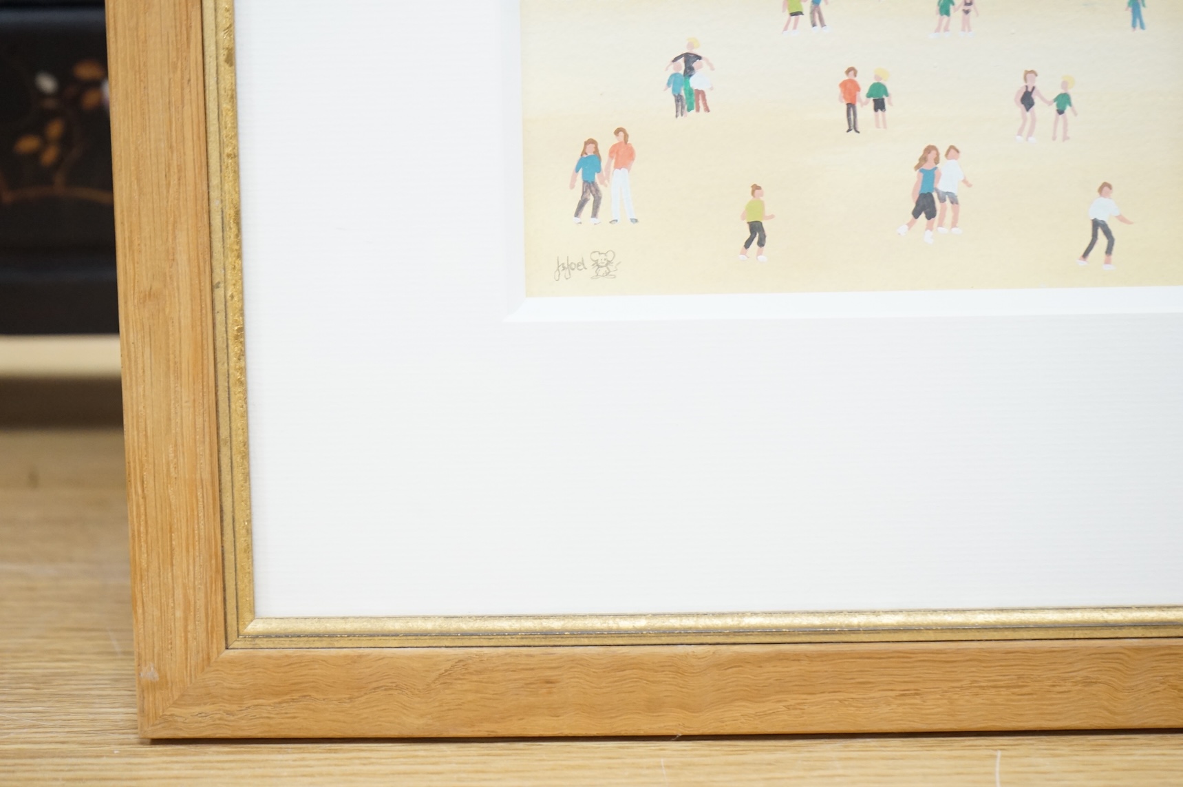 Judy Joel (Contemporary), Figures on the beach, signed, Naive style gouache, 17 x 47cm